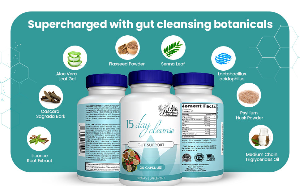 Milamiamor 15 Day Cleanse - Gut and Colon Support - Advanced Gut Cleanse Detox for Women & Men with Senna, Cascara Sagrada & Psyllium Husk - Non-GMO