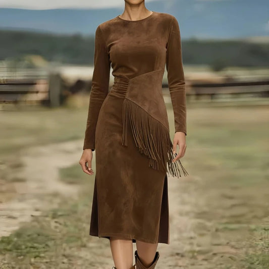 Retro Western Suede Long Dress for Women