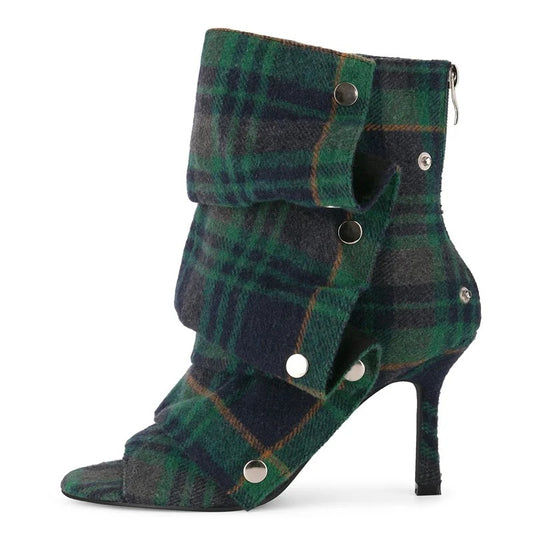 Onlymaker Women Peep Toe Plaid Ankle Boots – Zipper
