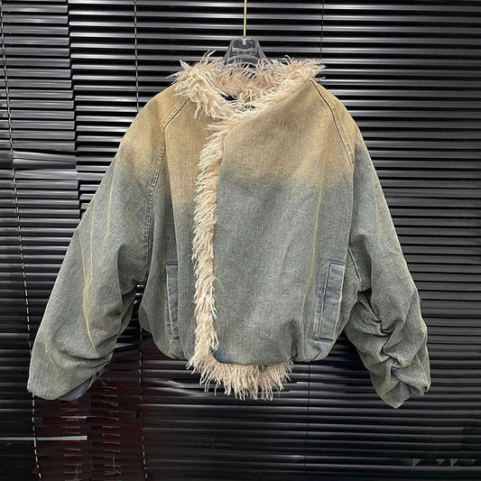 Autumn Winter Women’s Denim Coat – Large Lapel & Fur Collar