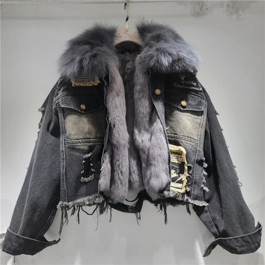 Autumn Winter Women’s Street Style Fox Fur Denim Jacket