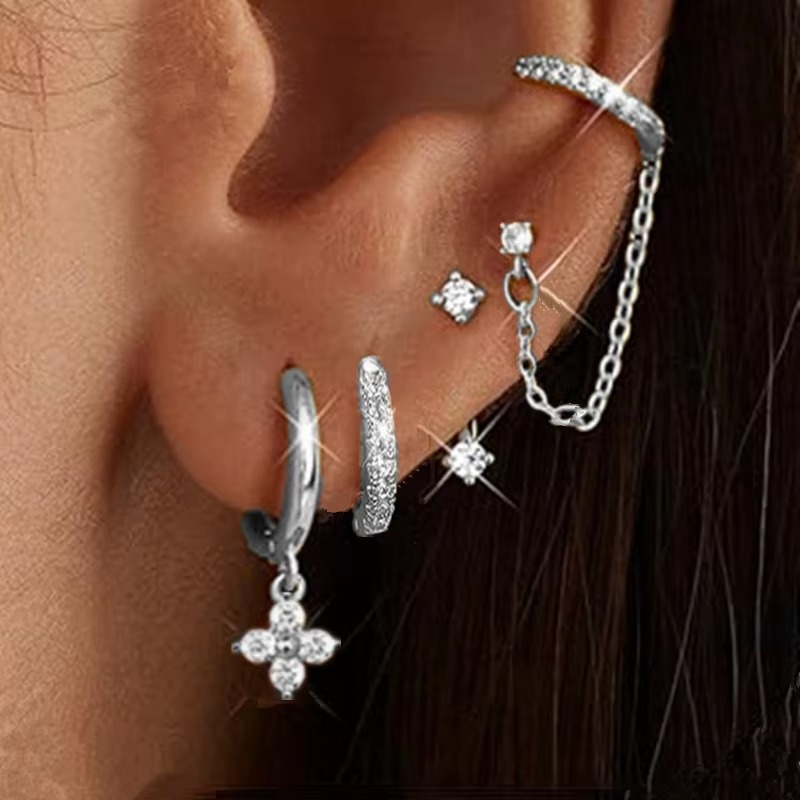 4PCS Double Piercing Chain Huggie Hoop Earring Set