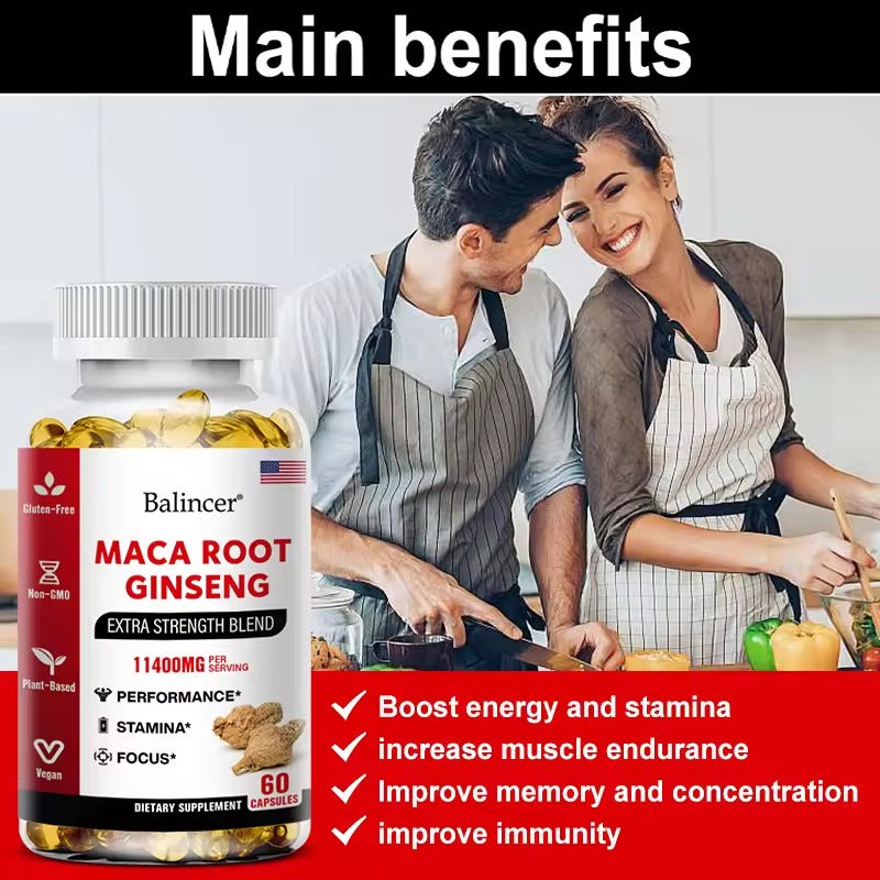 Balincer Organic Maca Root + Ginseng Extract Capsules – Boost Stamina, Mood & Energy for Men and Women