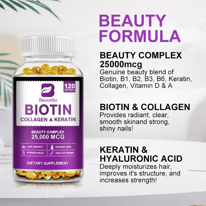 BBEEAAUU Collagen & Biotin Capsules – Hair Growth, Skin & Follicle Repair