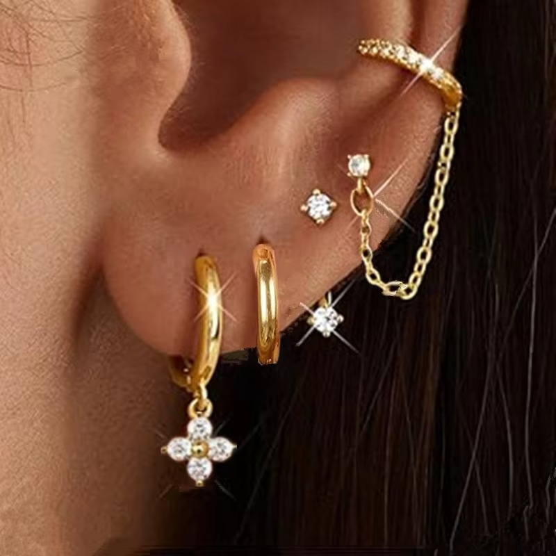 4PCS Double Piercing Chain Huggie Hoop Earring Set