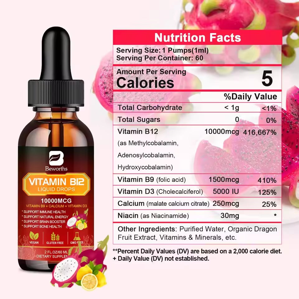 BEWORTHS Vitamin B12 & D3 Drink – Immune, Digestive, Brain & Heart Health Support