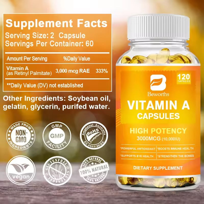 BEWORTHS Vitamin A Capsules – Antioxidant, Skin, Eye & Bone Health Support