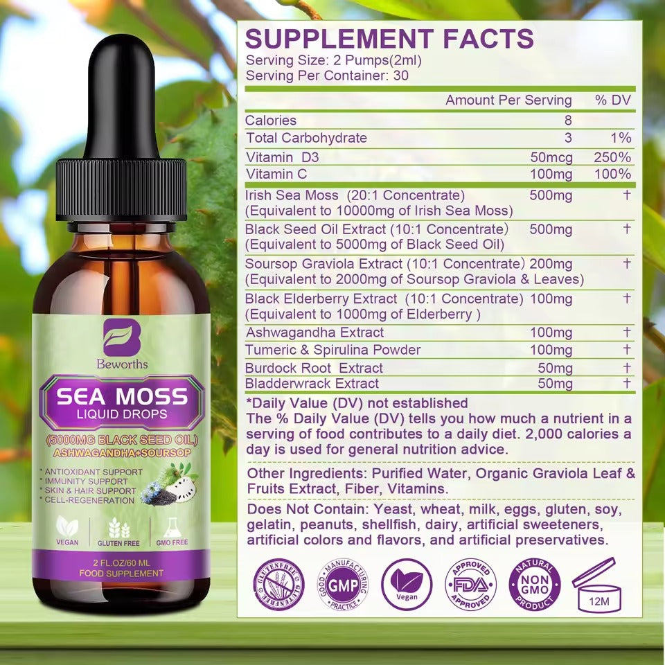 BEWORTHS Sea Moss & Soursop Graviola Extract Drops – Immune, Kidney & Digestive Health Support