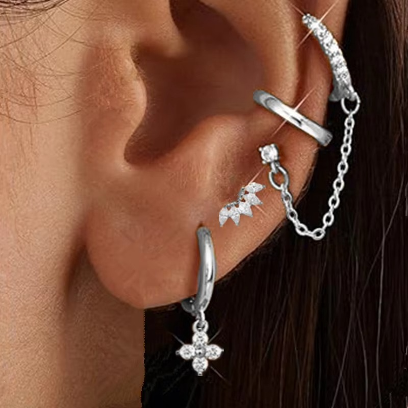 4PCS Double Piercing Chain Huggie Hoop Earring Set