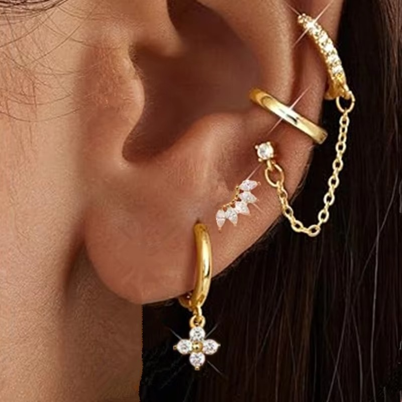 4PCS Double Piercing Chain Huggie Hoop Earring Set