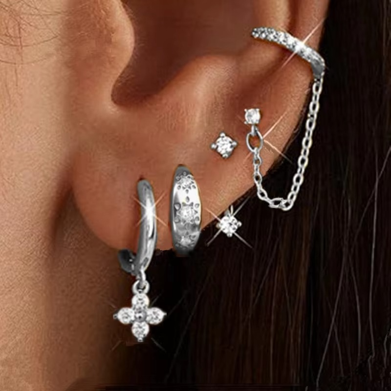 4PCS Double Piercing Chain Huggie Hoop Earring Set