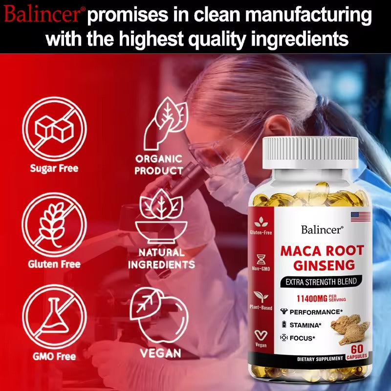 Balincer Organic Maca Root + Ginseng Extract Capsules – Boost Stamina, Mood & Energy for Men and Women