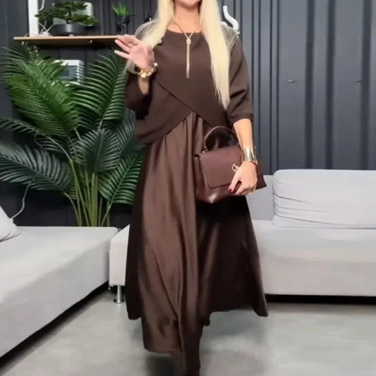 Women’s Patchwork Satin Dress – Fake Two Piece Boho