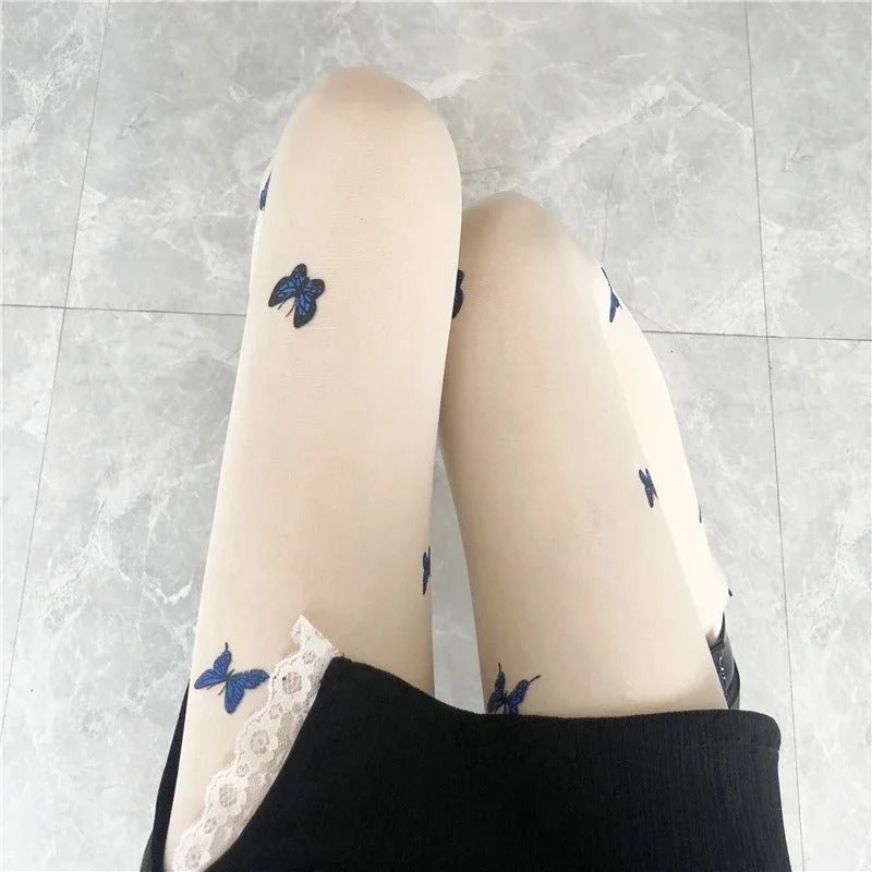 Blue Butterfly Print Pantyhose for Women