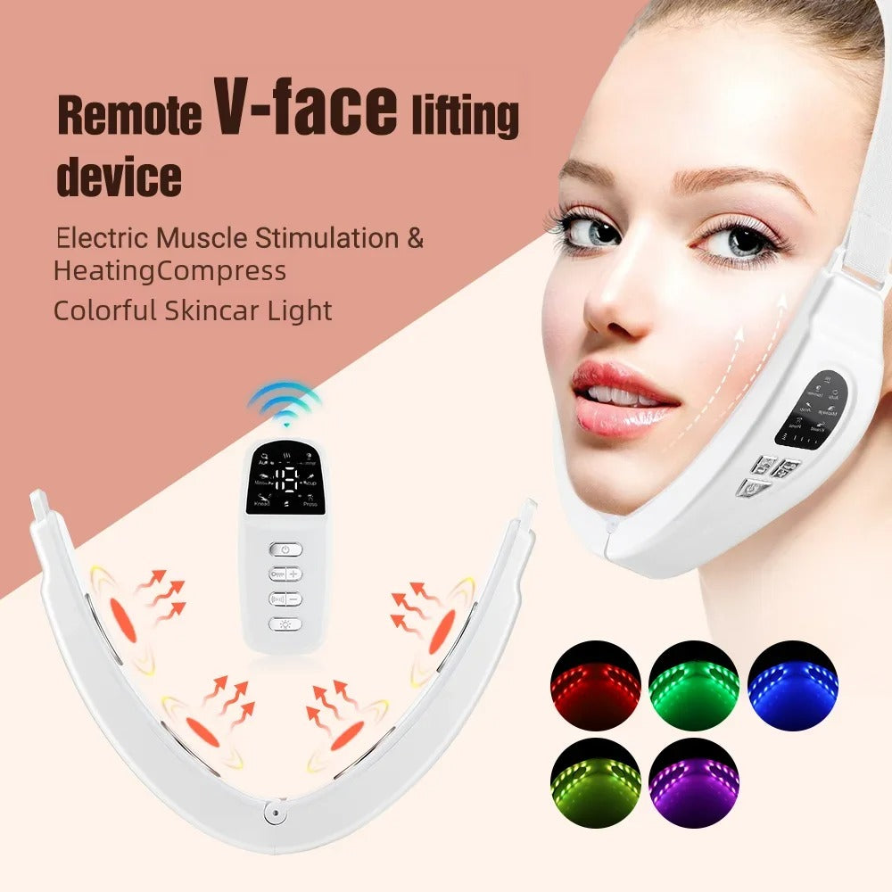 Double Chin V Shape Lift Belt, 5 Color Light, Hot Compress & Face Vibrate Massager with Remote Control