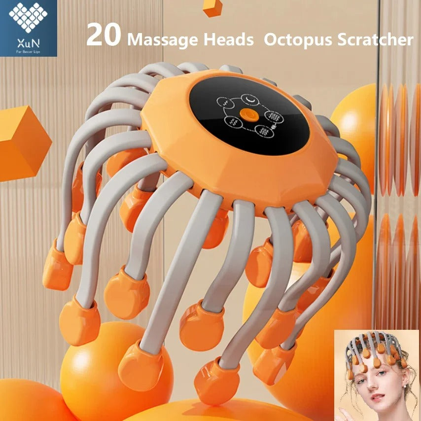 20 Massage Heads Orange Scalp Head Massager – Red Light Vibrator Octopus Scratcher for Relaxation, Stress & Migraine Relief