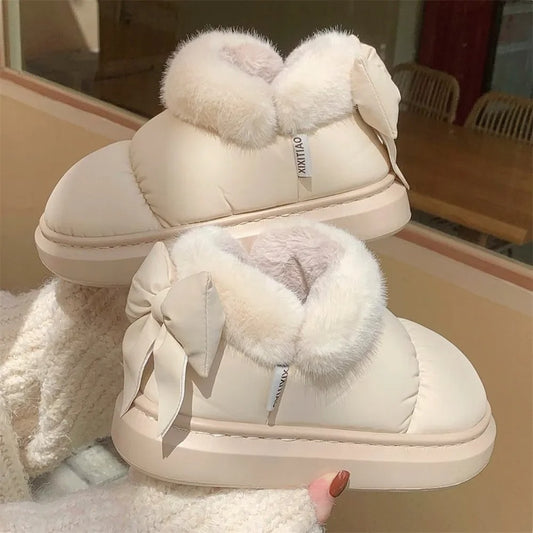 Women’s Cute Winter Ankle Boots – Warm Plush & Bow Detail