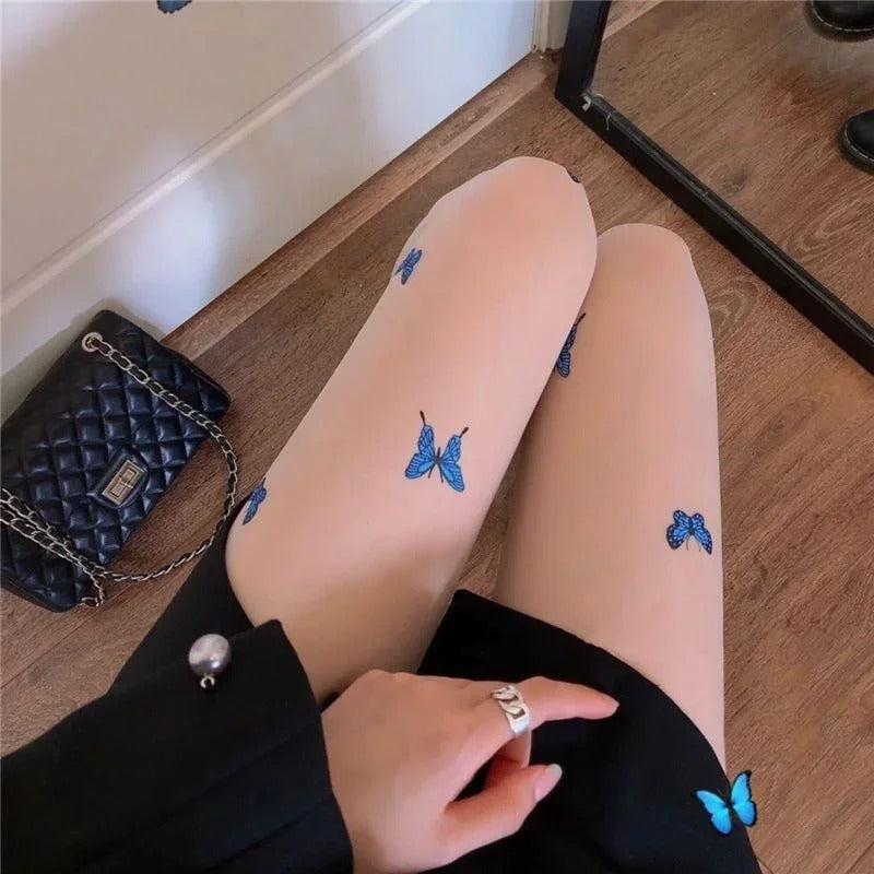 Blue Butterfly Print Pantyhose for Women