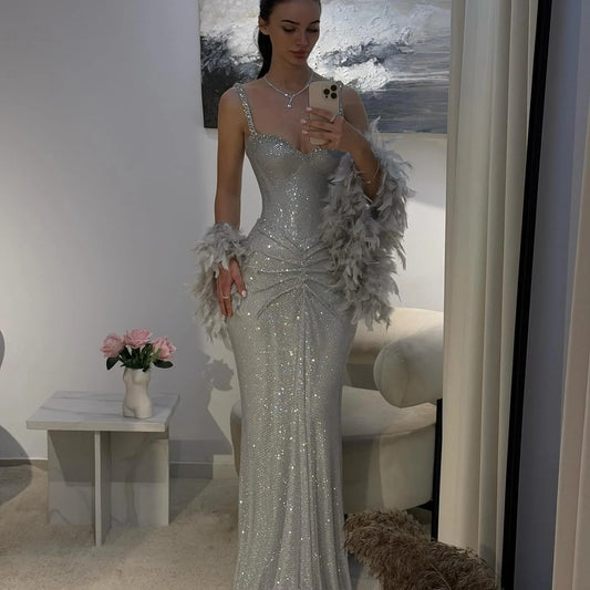 Custom Gray Sequin Spaghetti Strap Evening Gown