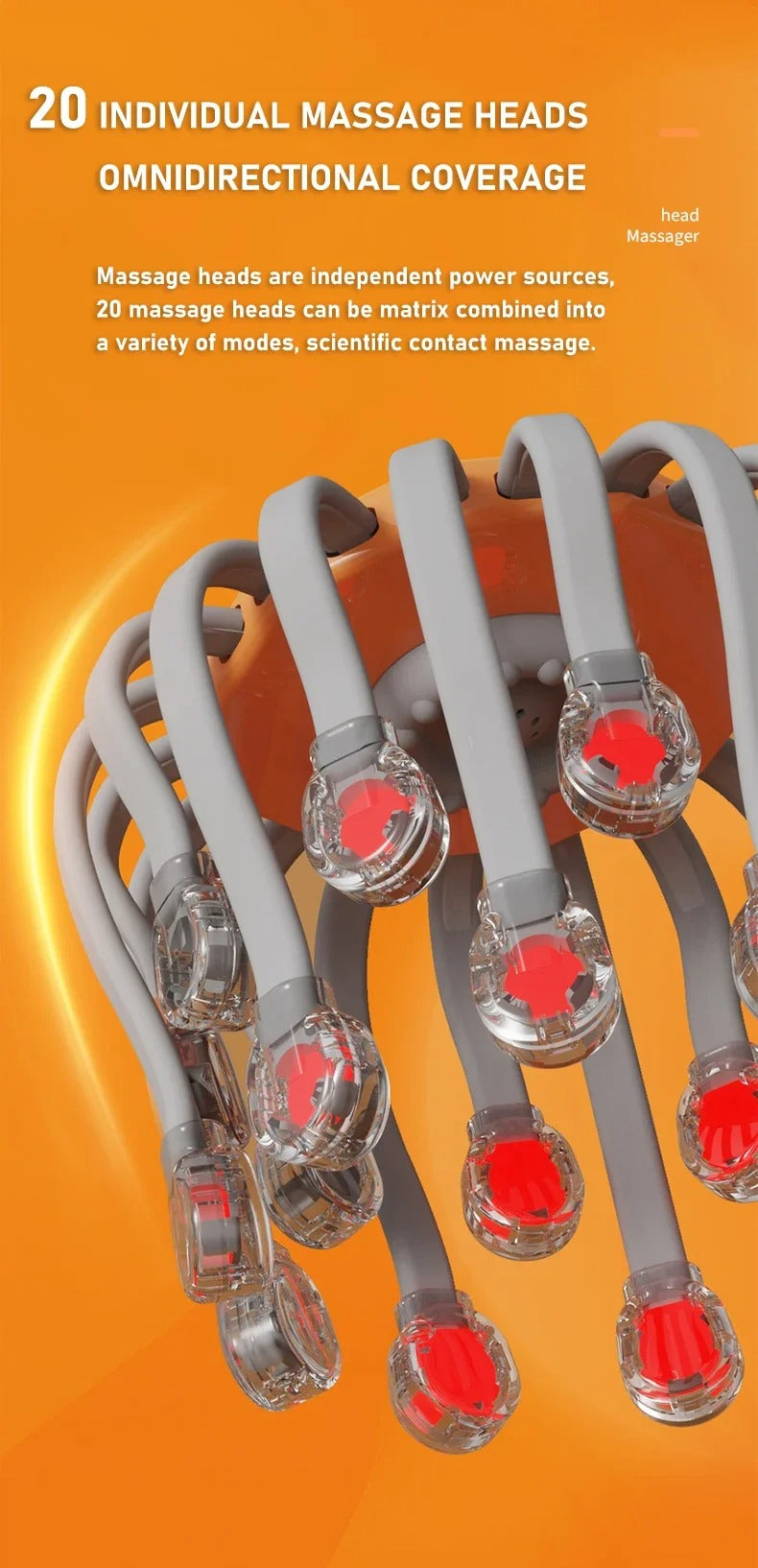20 Massage Heads Orange Scalp Head Massager – Red Light Vibrator Octopus Scratcher for Relaxation, Stress & Migraine Relief