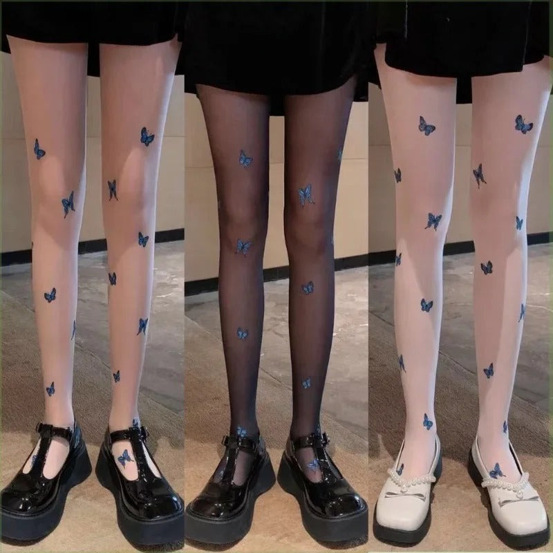 Blue Butterfly Print Pantyhose for Women