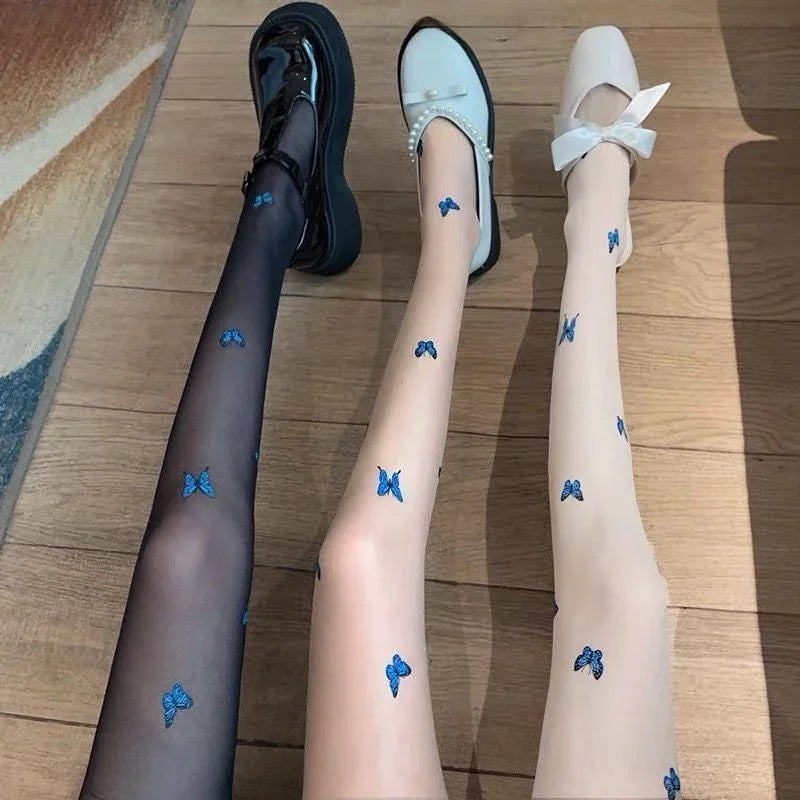 Blue Butterfly Print Pantyhose for Women