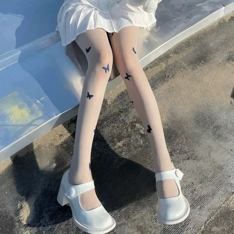 Blue Butterfly Print Pantyhose for Women