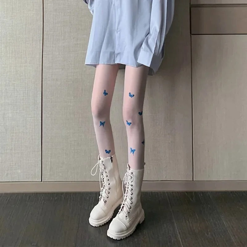 Blue Butterfly Print Pantyhose for Women