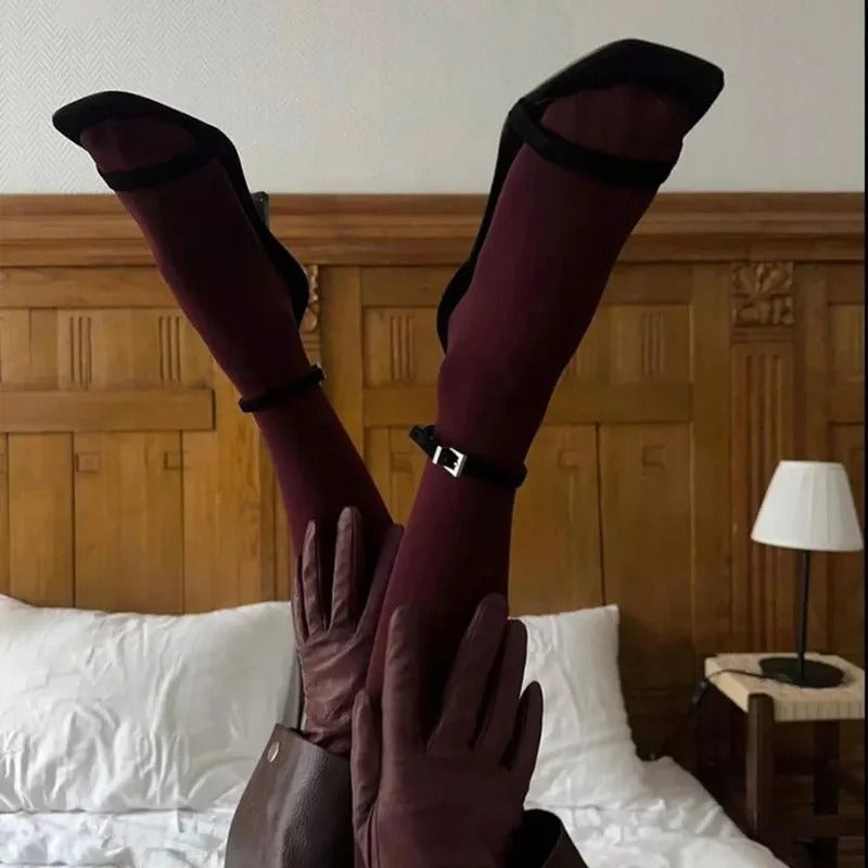 80D Burgundy Velvet Control Top Tights for Women