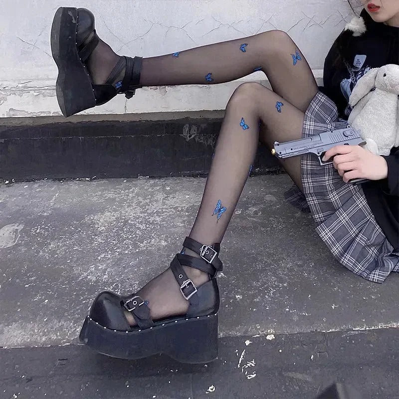 Blue Butterfly Print Pantyhose for Women